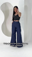 Calça Flare Feminina Widi Leg Jeans Escuro | Modelagem Confortável com Zíper Lateral e Cós Ajustável
