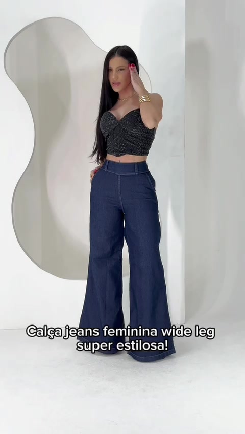 Calça Flare Feminina Widi Leg Jeans Escuro | Modelagem Confortável com Zíper Lateral e Cós Ajustável