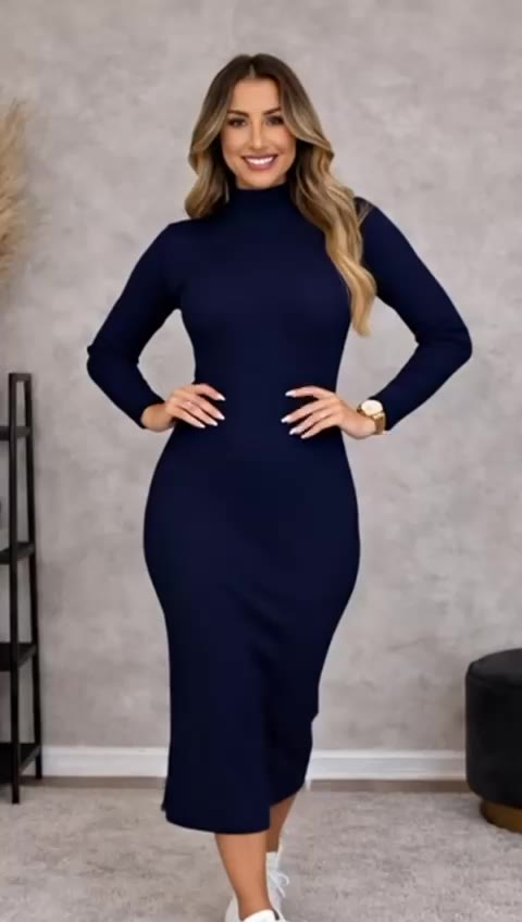 Vestido Feminino Midi Manga Longo Canelado Elegância e Conforto e Estilo Frio Inverno Moda Gringa