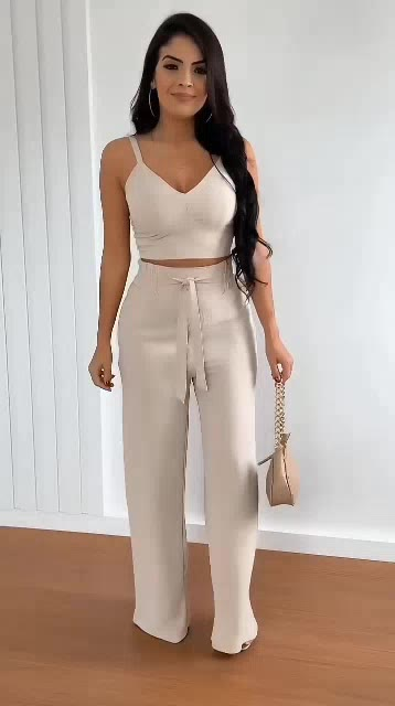 Conjunto Feminino Duna Pantalona e Cropped com Bojo | Alça Regulável | Alfaiataria Elegante