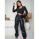 Calça Couro Fake Wide Leg Pantalona Feminina PU Sintético Zíper Botão Bolso