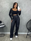 Calça Couro Fake Wide Leg Pantalona Feminina PU Sintético Zíper Botão Bolso
