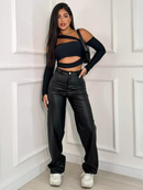 Calça Couro Fake Wide Leg Pantalona Feminina PU Sintético Zíper Botão Bolso