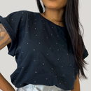 Blusa Feminina Manga Japonesa Detalhes em Strass 100% Algodão