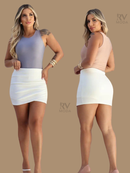 Short Saia Feminino Franzido Neoprene Blogueira Grampeado Tendência Verão 2025 Estiloso PROMOÇÃO