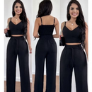 Conjunto Feminino Duna Pantalona e Cropped com Bojo | Alça Regulável | Alfaiataria Elegante