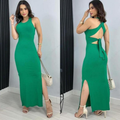 VESTIDO LONGO LAÇO NAS COSTAS COM FENDA E COM BOJO CANELADO ANA RUGA COSTA NUA