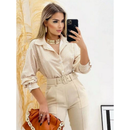 Camisa social feminina manga longa de listrado com bortao super modas