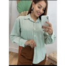 Camisa social feminina manga longa de listrado com bortao super modas