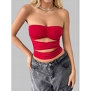 Cropped tomara que caia verão com franzidos abertura na barriga top verão