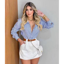 Camisa social feminina manga longa de listrado com bortao super modas