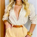 Camisa social feminina manga longa de listrado com bortao super modas
