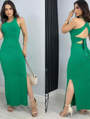 VESTIDO LONGO LAÇO NAS COSTAS COM FENDA E COM BOJO CANELADO ANA RUGA COSTA NUA