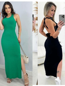VESTIDO LONGO LAÇO NAS COSTAS COM FENDA E COM BOJO CANELADO ANA RUGA COSTA NUA