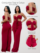 Conjunto Feminino Verão Top Cropped com Laço e Calça Pantalona Duna Elegante Leve Confortável