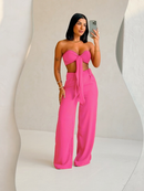 Conjunto Feminino Verão Top Cropped com Laço e Calça Pantalona Duna Elegante Leve Confortável