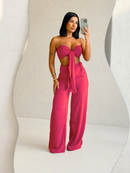 Conjunto Feminino Verão Top Cropped com Laço e Calça Pantalona Duna Elegante Leve Confortável