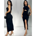 VESTIDO LONGO LAÇO NAS COSTAS COM FENDA E COM BOJO CANELADO ANA RUGA COSTA NUA