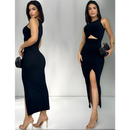 VESTIDO LONGO LAÇO NAS COSTAS COM FENDA E COM BOJO CANELADO ANA RUGA COSTA NUA
