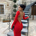 VESTIDO MIDI COSTA NUA MANGA LONGA SEM BOJO DETALHE LEVANTA BUM BUM MODA GRINGA FENDA