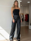Calça Couro Fake Wide Leg Pantalona Feminina PU Sintético Zíper Botão Bolso