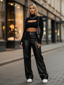 Calça Couro Fake Wide Leg Pantalona Feminina PU Sintético Zíper Botão Bolso