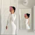 VESTIDO MIDI COSTA NUA MANGA LONGA SEM BOJO DETALHE LEVANTA BUM BUM MODA GRINGA FENDA