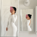 VESTIDO MIDI COSTA NUA MANGA LONGA SEM BOJO DETALHE LEVANTA BUM BUM MODA GRINGA FENDA