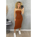 Vestido Midi Tomara que Caia Canelado - Elegância e Conforto em um Único Vestido! TECIDO ANARRUGA!