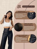 Calça Couro Fake Wide Leg Pantalona Feminina PU Sintético Zíper Botão Bolso