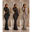 Conjunto de frio 2 peças feminino ,blusa gola alta e ponta assimétrica com calça flare tecido malha rib grosso