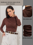 Blusa Feminina Elegante Marrom Manga Longa Suplex DRAPEADA Gola Alta Tendencia 2026 Blusinhas Moda