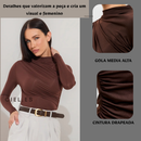 Blusa Feminina Elegante Marrom Manga Longa Suplex DRAPEADA Gola Alta Tendencia 2026 Blusinhas Moda