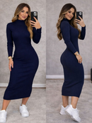 Vestido Feminino Midi Manga Longo Canelado Elegância e Conforto e Estilo Frio Inverno Moda Gringa
