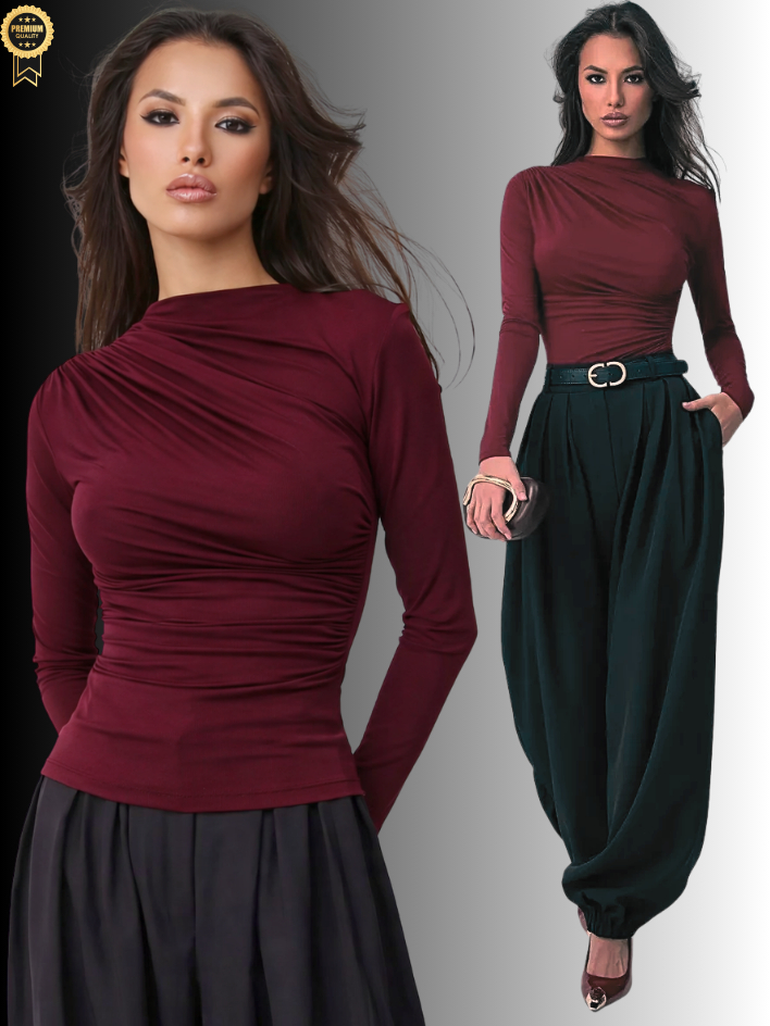 Blusa Feminina Elegante Marrom Manga Longa Suplex DRAPEADA Gola Alta Tendencia 2026 Blusinhas Moda