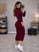 Vestido Feminino Midi Manga Longo Canelado Elegância e Conforto e Estilo Frio Inverno Moda Gringa