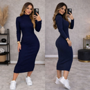 Vestido Feminino Midi Manga Longo Canelado Elegância e Conforto e Estilo Frio Inverno Moda Gringa
