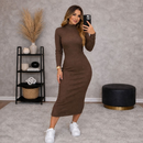 Vestido Feminino Midi Manga Longo Canelado Elegância e Conforto e Estilo Frio Inverno Moda Gringa