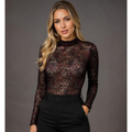 Body Feminino Manga Longa De Renda Floral Feminino Lançamento