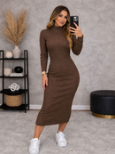 Vestido Feminino Midi Manga Longo Canelado Elegância e Conforto e Estilo Frio Inverno Moda Gringa