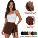 Short Saia Alfaiataria Feminino com Zíper e Laço Cintura Alta