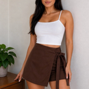 Short Saia Alfaiataria Feminino com Zíper e Laço Cintura Alta