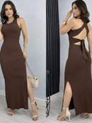 VESTIDO LONGO LAÇO NAS COSTAS COM FENDA E COM BOJO CANELADO ANA RUGA COSTA NUA