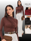 Blusa Feminina Elegante Marrom Manga Longa Suplex DRAPEADA Gola Alta Tendencia 2026 Blusinhas Moda