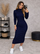 Vestido Feminino Midi Manga Longo Canelado Elegância e Conforto e Estilo Frio Inverno Moda Gringa