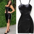 Vestido Feminino Courino/Couro Fake com Fenda Alcinha e Zíper Costas